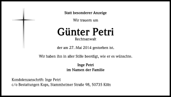 Anzeige von Günter Petri von Kölner Stadt-Anzeiger / Kölnische Rundschau / Express