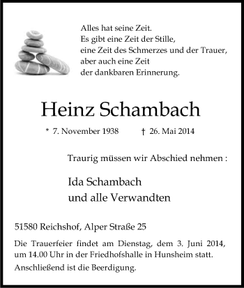 Anzeige von Heinz Schambach von Kölner Stadt-Anzeiger / Kölnische Rundschau / Express