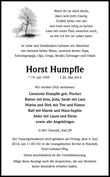 Anzeige von Horst Humpfle von Kölner Stadt-Anzeiger / Kölnische Rundschau / Express