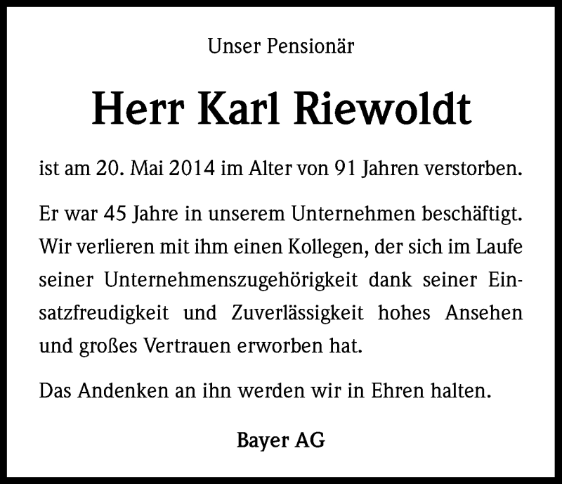  Traueranzeige für Karl Riewoldt vom 31.05.2014 aus Kölner Stadt-Anzeiger / Kölnische Rundschau / Express