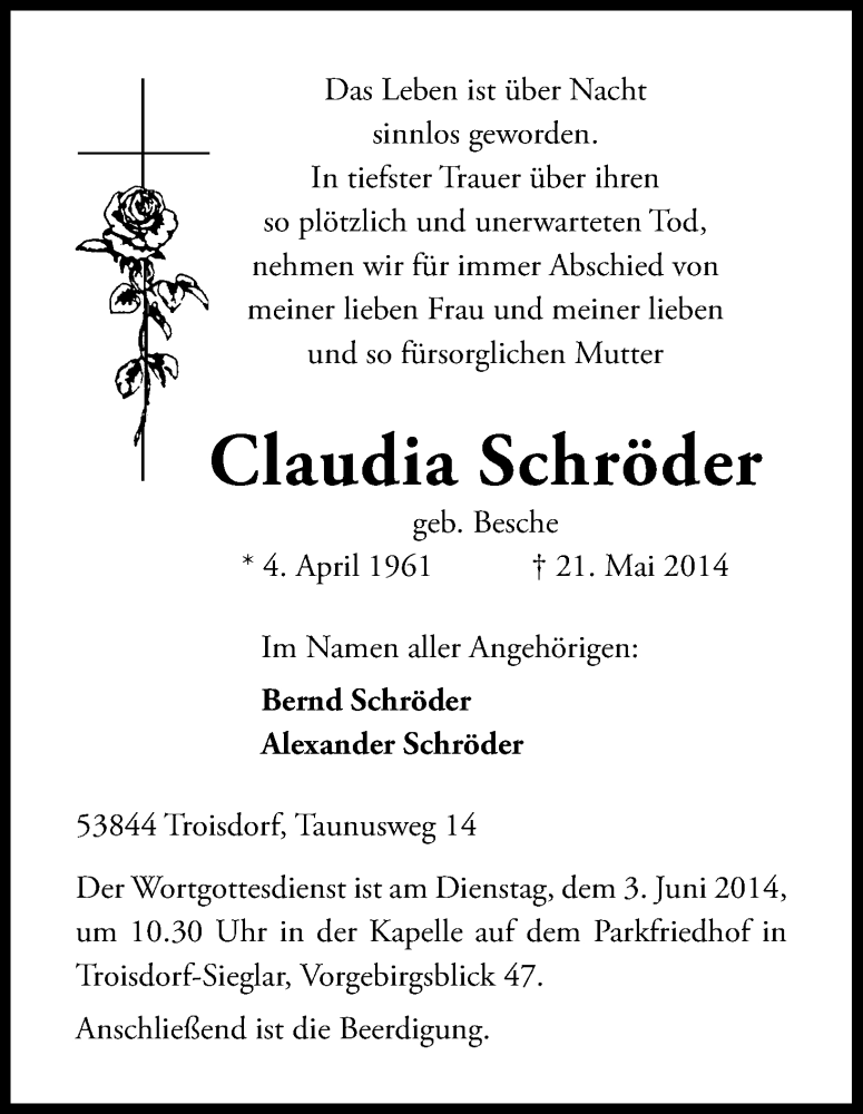  Traueranzeige für Claudia Schröder vom 31.05.2014 aus Kölner Stadt-Anzeiger / Kölnische Rundschau / Express