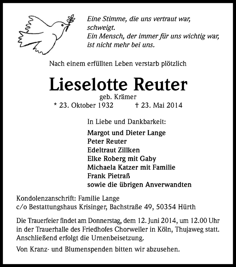  Traueranzeige für Lieselotte Reuter vom 31.05.2014 aus Kölner Stadt-Anzeiger / Kölnische Rundschau / Express