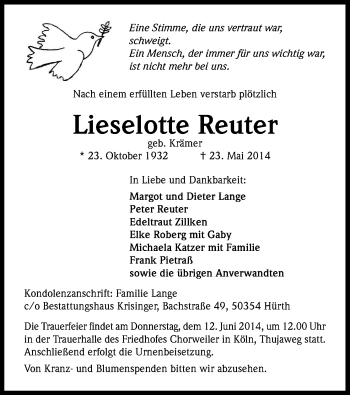 Anzeige von Lieselotte Reuter von Kölner Stadt-Anzeiger / Kölnische Rundschau / Express