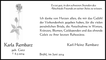 Anzeige von Karla Rembarz von Kölner Stadt-Anzeiger / Kölnische Rundschau / Express