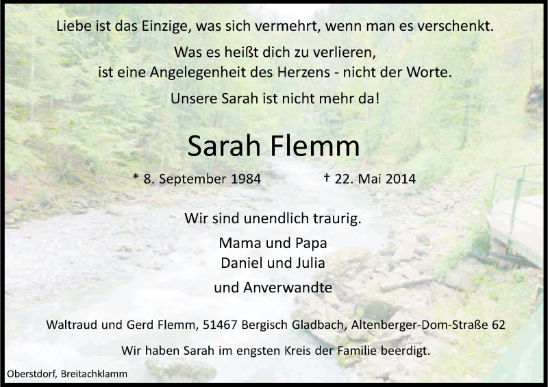  Traueranzeige für Sarah Flemm vom 31.05.2014 aus Kölner Stadt-Anzeiger / Kölnische Rundschau / Express