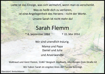 Anzeige von Sarah Flemm von Kölner Stadt-Anzeiger / Kölnische Rundschau / Express