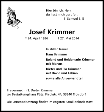 Anzeige von Josef Krimmer von Kölner Stadt-Anzeiger / Kölnische Rundschau / Express