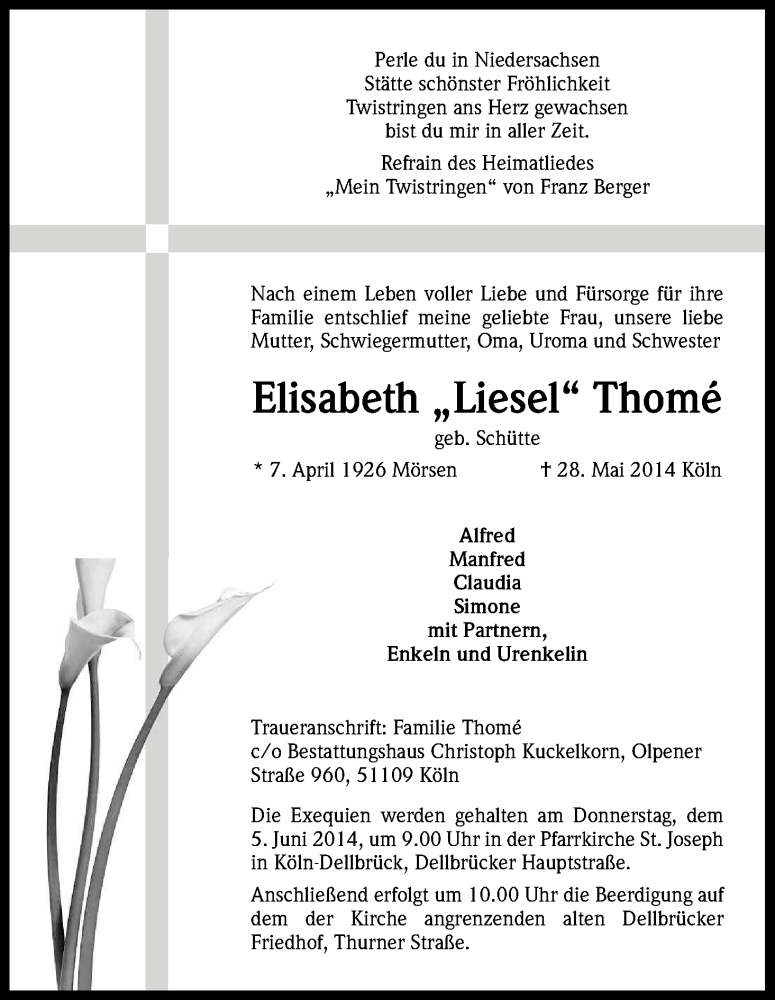  Traueranzeige für Elisabeth Thomé vom 31.05.2014 aus Kölner Stadt-Anzeiger / Kölnische Rundschau / Express