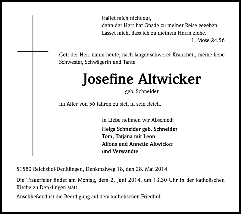  Traueranzeige für Josefine Altwicker vom 31.05.2014 aus Kölner Stadt-Anzeiger / Kölnische Rundschau / Express