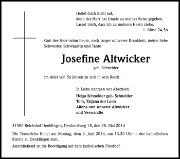 Anzeige von Josefine Altwicker von Kölner Stadt-Anzeiger / Kölnische Rundschau / Express