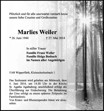 Anzeige von Marlies Weiler von Kölner Stadt-Anzeiger / Kölnische Rundschau / Express