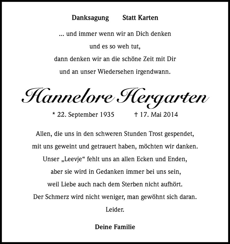  Traueranzeige für Hannelore Hergarten vom 31.05.2014 aus Kölner Stadt-Anzeiger / Kölnische Rundschau / Express
