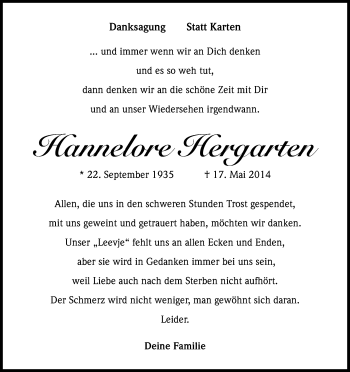 Anzeige von Hannelore Hergarten von Kölner Stadt-Anzeiger / Kölnische Rundschau / Express