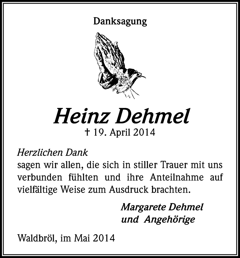  Traueranzeige für Heinz Dehmel vom 31.05.2014 aus Kölner Stadt-Anzeiger / Kölnische Rundschau / Express