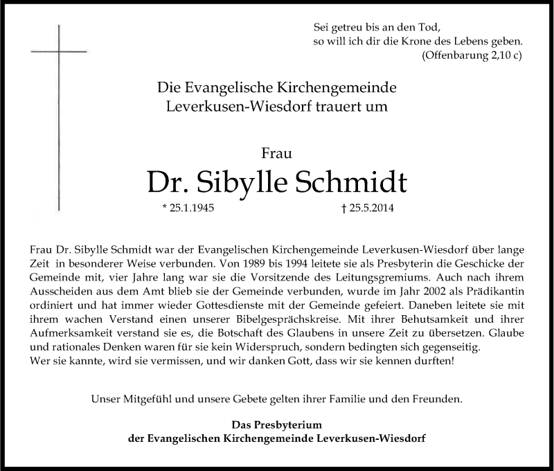  Traueranzeige für Sibylle Schmidt vom 31.05.2014 aus Kölner Stadt-Anzeiger / Kölnische Rundschau / Express