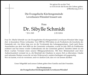 Anzeige von Sibylle Schmidt von Kölner Stadt-Anzeiger / Kölnische Rundschau / Express