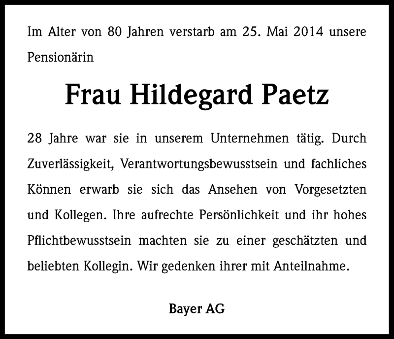  Traueranzeige für Hildegard Paetz vom 31.05.2014 aus Kölner Stadt-Anzeiger / Kölnische Rundschau / Express