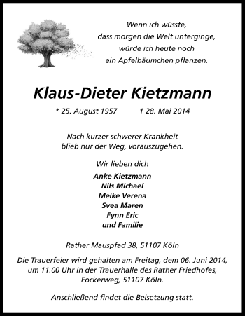 Anzeige von Klaus-Dieter Kietzmann von Kölner Stadt-Anzeiger / Kölnische Rundschau / Express