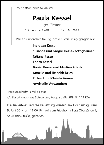 Anzeige von Paula Kessel von Kölner Stadt-Anzeiger / Kölnische Rundschau / Express