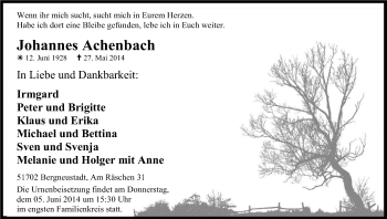 Anzeige von Johannes Achenbach von Kölner Stadt-Anzeiger / Kölnische Rundschau / Express