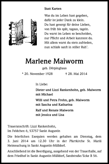 Anzeige von Marlene Maiworm von Kölner Stadt-Anzeiger / Kölnische Rundschau / Express
