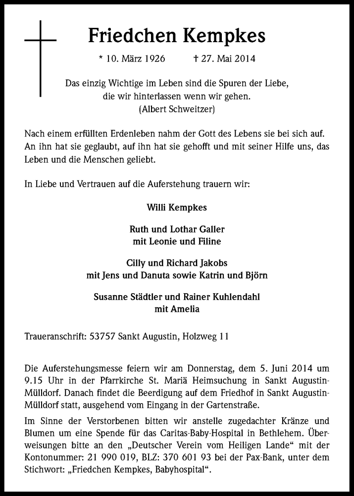  Traueranzeige für Elfriede Kempkes vom 31.05.2014 aus Kölner Stadt-Anzeiger / Kölnische Rundschau / Express