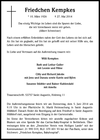 Anzeige von Elfriede Kempkes von Kölner Stadt-Anzeiger / Kölnische Rundschau / Express