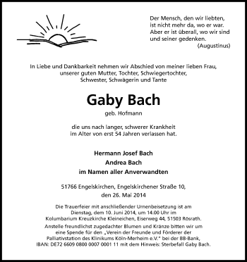 Anzeige von Gaby Bach von Kölner Stadt-Anzeiger / Kölnische Rundschau / Express