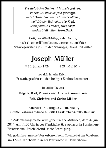 Anzeige von Joseph Müller von Kölner Stadt-Anzeiger / Kölnische Rundschau / Express