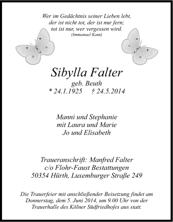 Anzeige von Sibylla Falter von Kölner Stadt-Anzeiger / Kölnische Rundschau / Express