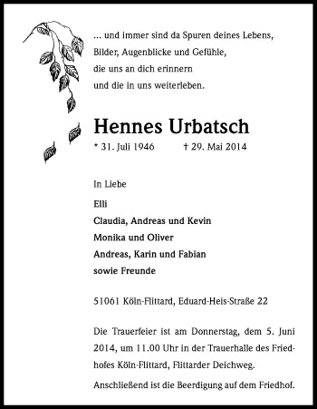 Anzeige von Hennes Urbatsch von Kölner Stadt-Anzeiger / Kölnische Rundschau / Express