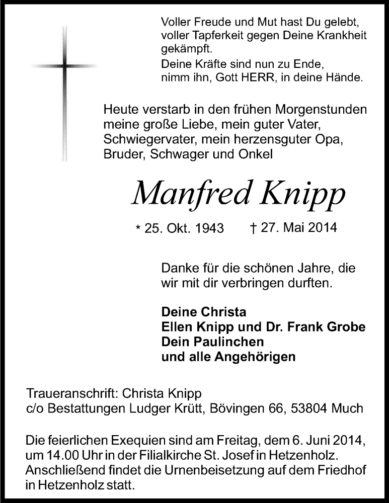  Traueranzeige für Manfred Knipp vom 02.06.2014 aus Kölner Stadt-Anzeiger / Kölnische Rundschau / Express