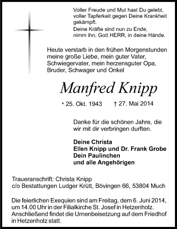 Anzeige von Manfred Knipp von Kölner Stadt-Anzeiger / Kölnische Rundschau / Express