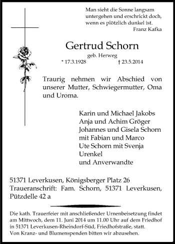Anzeige von Gertrud Schorn von Kölner Stadt-Anzeiger / Kölnische Rundschau / Express