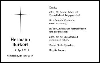 Anzeige von Hermann Burkert von Kölner Stadt-Anzeiger / Kölnische Rundschau / Express