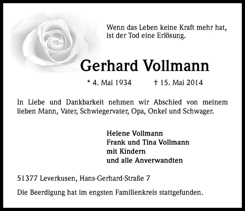  Traueranzeige für Gerhard Vollmann vom 03.06.2014 aus Kölner Stadt-Anzeiger / Kölnische Rundschau / Express