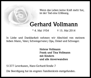 Anzeige von Gerhard Vollmann von Kölner Stadt-Anzeiger / Kölnische Rundschau / Express