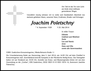 Anzeige von Joachim Poletschny von Kölner Stadt-Anzeiger / Kölnische Rundschau / Express