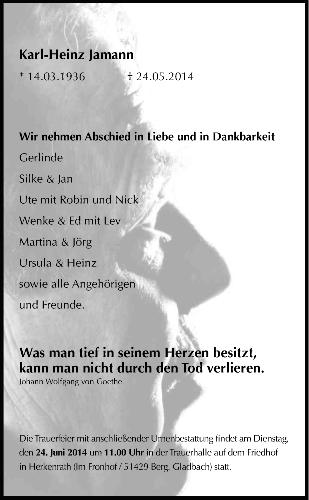  Traueranzeige für Karl-Heinz Jamann vom 03.06.2014 aus Kölner Stadt-Anzeiger / Kölnische Rundschau / Express