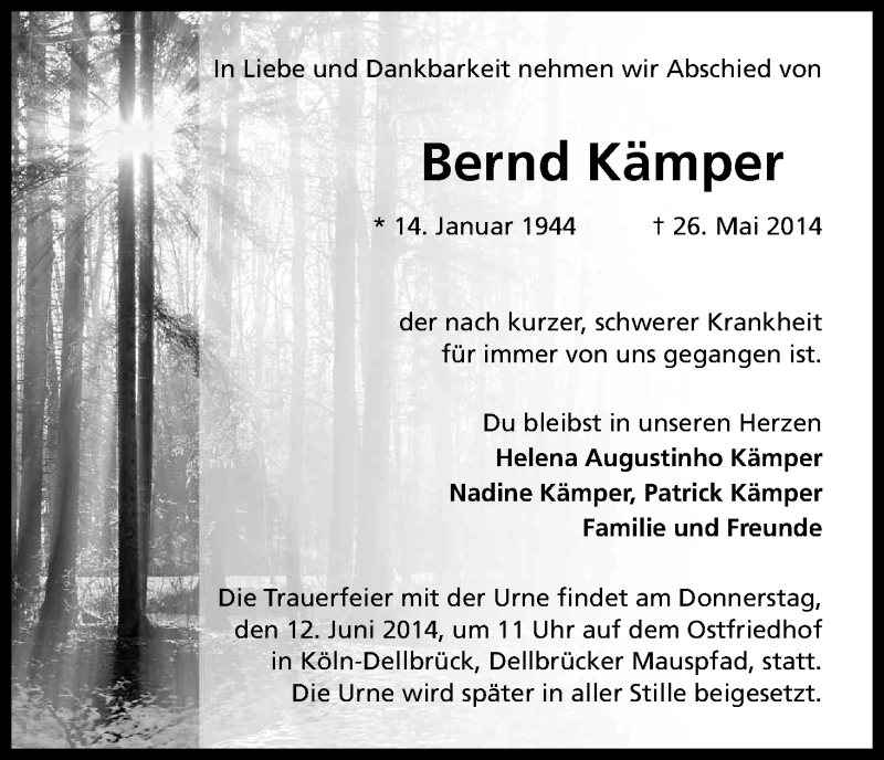  Traueranzeige für Bernd Kämper vom 07.06.2014 aus Kölner Stadt-Anzeiger / Kölnische Rundschau / Express