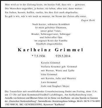 Anzeige von Karlheinz Grimmel von Kölner Stadt-Anzeiger / Kölnische Rundschau / Express