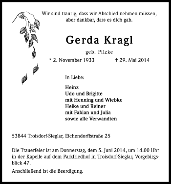 Anzeige von Gerda Kragl von Kölner Stadt-Anzeiger / Kölnische Rundschau / Express