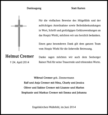 Anzeige von Helmut Cremer von Kölner Stadt-Anzeiger / Kölnische Rundschau / Express