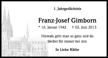 Anzeige von Franz-Josef Gimborn von Kölner Stadt-Anzeiger / Kölnische Rundschau / Express