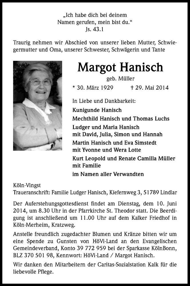  Traueranzeige für Margot Hanisch vom 07.06.2014 aus Kölner Stadt-Anzeiger / Kölnische Rundschau / Express