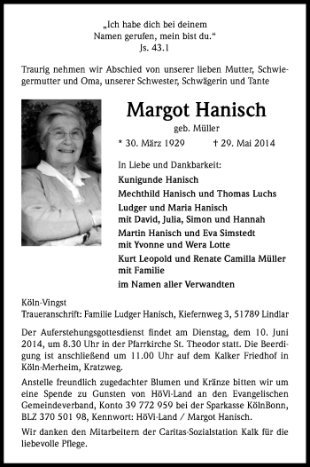 Anzeige von Margot Hanisch von Kölner Stadt-Anzeiger / Kölnische Rundschau / Express