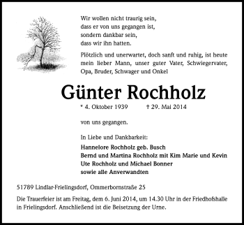 Anzeige von Günter Rochholz von Kölner Stadt-Anzeiger / Kölnische Rundschau / Express