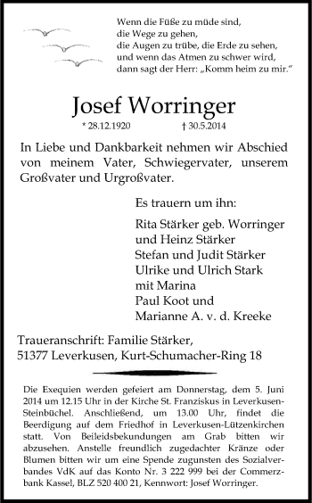 Anzeige von Josef Worringer von Kölner Stadt-Anzeiger / Kölnische Rundschau / Express
