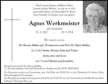 Anzeige von Agnes Werkmeister von Kölner Stadt-Anzeiger / Kölnische Rundschau / Express
