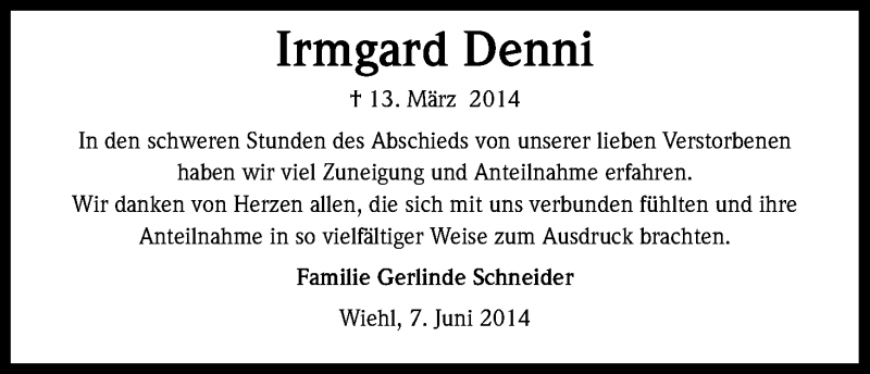  Traueranzeige für Irmgard Denni vom 07.06.2014 aus Kölner Stadt-Anzeiger / Kölnische Rundschau / Express